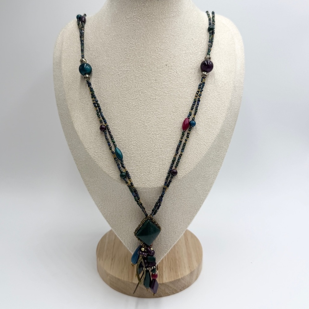 Vintage Boho Statement Necklace Multicolor Beads Long Tassel Pendant